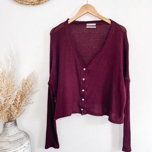 Urban Outfitters UO Courtney Button Down Oversized Waffle Knit Sweater Burgundy